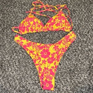 Pink and yellow Hawaiian print bikini